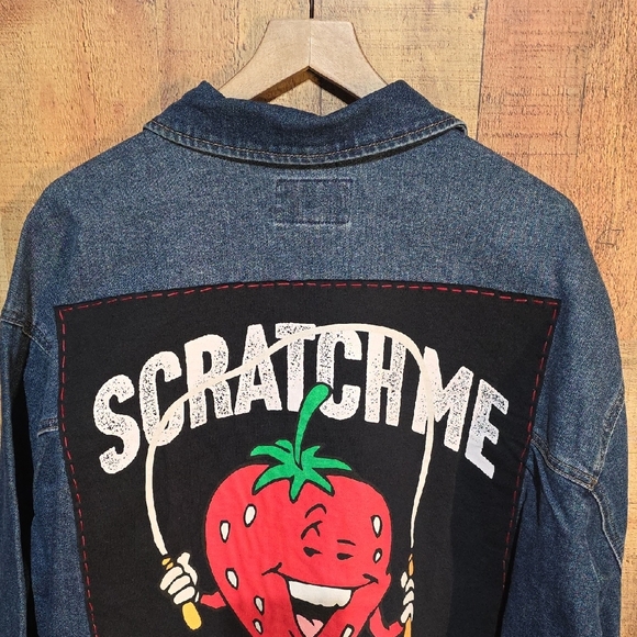 Upcycled Denim Jean Jacket with Strawberry Graphic - Picture 3 of 12